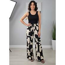 Women's Wide-Leg Pants With Dunes Print, Polyester, Knot Detail, Pocket, And Belt. Vacation Theme. - 熄滅/黑色 - 查看 3