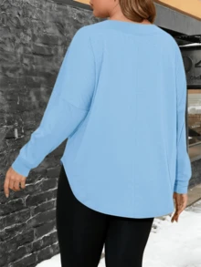 Ropa de gimnasio para mujer - Túnica casual de talla grande con diseño de hombros descubiertos, manga larga, cómoda y de manga larga - Azul - Ver 2