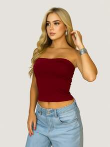 Women's Strapless And Unpadded Basic Tube Cropped Top, Double Layer Of Slim Fit Shaping Spandex - 聖誕紅寶石 - 查看 2