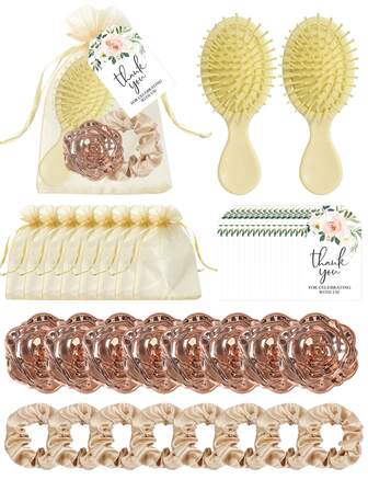 5/30pcs Wedding Guest Favor Set, Mini Air Cushion Comb, Mini Makeup Mirror, Beige Hair Scrunchie, Thank You Card And Organza Drawstring Bag | Suitable For Engagement Ceremony, Bridal Shower, Bachelorette Party, Anniversary Decor, Banquet Table Decor, Spa Party Gift Set