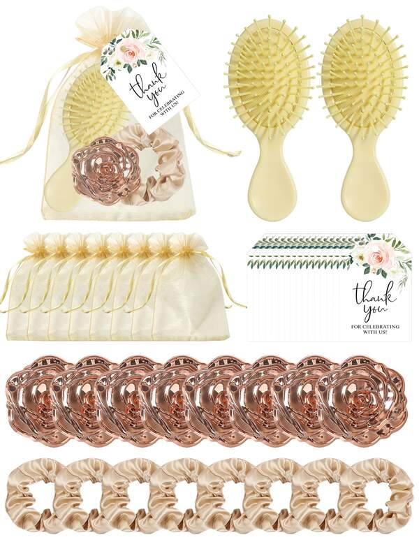 5/30pcs Wedding Guest Favor Set, Mini Air Cushion Comb, Mini Makeup Mirror, Beige Hair Scrunchie, Thank You Card And Organza Drawstring Bag | Suitable For Engagement Ceremony, Bridal Shower, Bachelorette Party, Anniversary Decor, Banquet Table Decor, Spa Party Gift Set