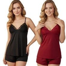 Set Of 2 Women's Microfiber Baby Doll Pajamas With Lace - Sexy And Comfortable - 黑紅 - 查看 1