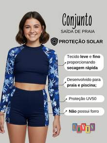 Teens' Raglan Sleeve Tropical Plant Print Crop Top And Shorts Set 65-A - Màu xanh với nền màu xanh - Xem 2