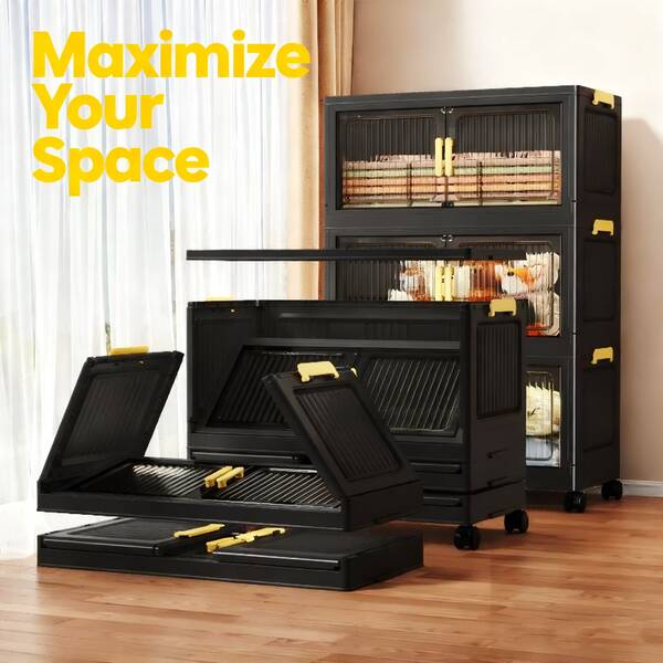  Extra Large Clear Plastic Storage Bins With Lids & Magnetic Doors, Stackable Collapsible Storage Cabinet Organizer, Durable Foldable Containers For Kitchen Closet Home Office, Space-Saving Multifunctional Storage