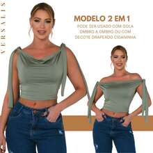 KIT 03 Cropped Feminino 2 Em 1 Amarração Ajustavel e Decote Ombro A Ombro - Preto/Verde/Chocolate - Visão 5