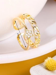 1 pieza Anillo abierto de pentágono con circonita dorado y plateado elegante y de moda para mujer, perfecto para uso diario, estilo callejero y fiestas. - Multicolor - Ver 3