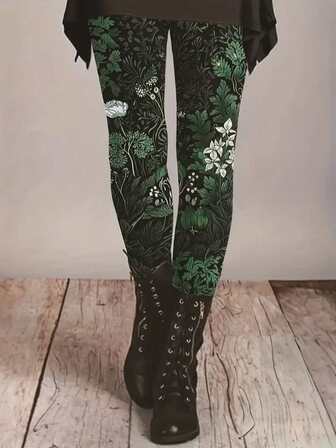 Women's Floral Print Leggings Sexy Skinny Fit Knit Fabric, All-Season Geometric Pattern High Waist Long Leggings