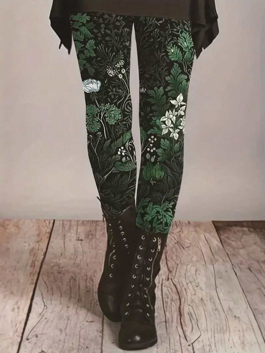 女士几何印花紧身打底裤，性感贴身针织面料，高腰全长紧身裤，适合所有季节