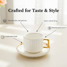 1 Set Ceramic Cup & Saucer Set, Ceramic Tea Cup And Plate, Coffee Cup And Saucer, European Style Gold Rim Drinkware For Breakfast, Tea Party, Ramadan Afternoon Tea, Home, Garden, Restaurant, Suitable For Summer And Winter - White - View 4