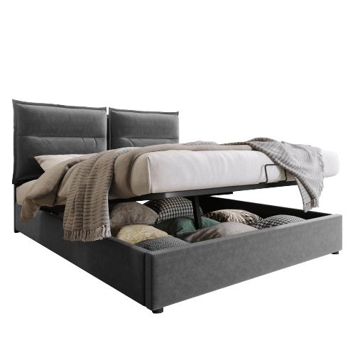 Hydraulic Double Bed With Upholstery, 140x200cm, Adjustable Headboard, Metal Slatted Base, Velvet, Modern Bed Frame With Storage Space, Large Storage Area, Grey (Mattress Not Included)