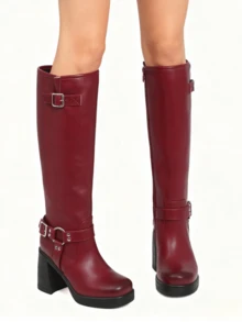 Women Knee High Boots Square Toe Pull On Chunky Heel Wide Calf Fashion Chunky Metallic Button Casual Vintage Buckle Rivet Shoes - Đỏ - Xem 5