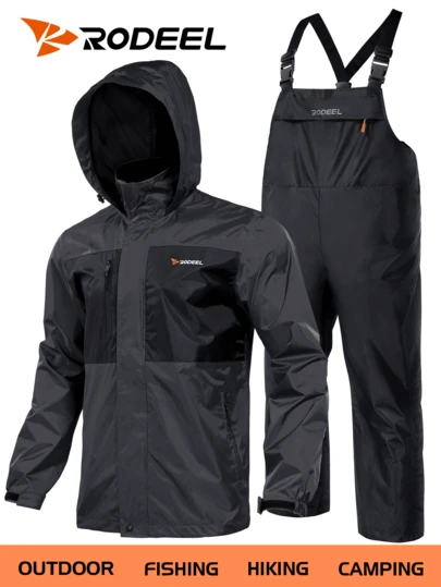 RODEEL Men's Fishing Rain Jacket, Windproof Breathable Quick-Dry, Multi-Pocket Design, Hook And Loop Cuffs, Adjustable Bib Pants, Ideal Choice For Outdoor Enthusiasts