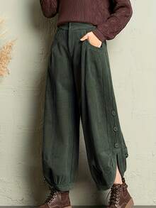 Women's Trousers, Old Money Style, Corduroy Solid Color Cargo Pants, Suitable For Daily Wear, All Seasons, Office Attire Fall - Army Green - View 10