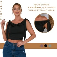 KIT 03 Cropped Feminino 2 Em 1 Amarração Ajustavel e Decote Ombro A Ombro - Preto/Verde/Chocolate - Visão 2