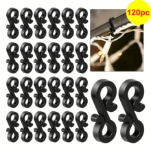 Conjunto de 120 ganchos para decoração de Natal, ideais para pendurar luzes de Natal em ralos, telhados e cordas, além de organizar cabos e outros elementos de iluminação. Em formato de S, feitos de plástico ABS, leves, não autoadesivos, sem necessidade de furar, resistentes aos raios UV e disponíveis nas cores preto e transparente.
