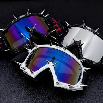 Gafas de moda con lentes espejo estilo ciberpunk, con picos y decoración de remaches - Gafas de esquí para motocicleta, deportes al aire libre, máscara facial de estilo retro