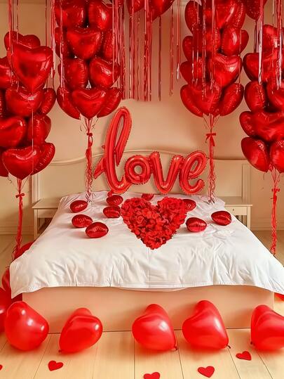 10~407pcs Red "Love" Letter Balloon Set, 18-Inch Heart-Shaped Balloon Rose Petals Valentine's Day Party, Anniversary Decoration