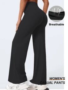1pc Women's Straight Leg Wide Leg Pants, High Waisted Slimming Yoga Leggings, Suitable For Spring, Summer, Autumn - Black - View 3