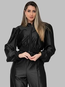 Elegant Plus Size Women's Set: Long-Sleeved Blouse With Zipper And Shoulder Pads; Jogger Pants In Satin And Elastane Fabric With Gathered Pockets And Zipper. Suitable For All Seasons. - 黑色 - 查看 3