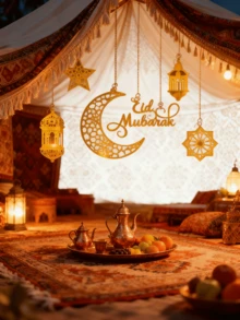 1/6件套斋月卡里姆亚克力装饰挂件，月亮、星星、哈姆萨之手，开斋节家居装饰，派对装饰 - 金色 - 查看 8