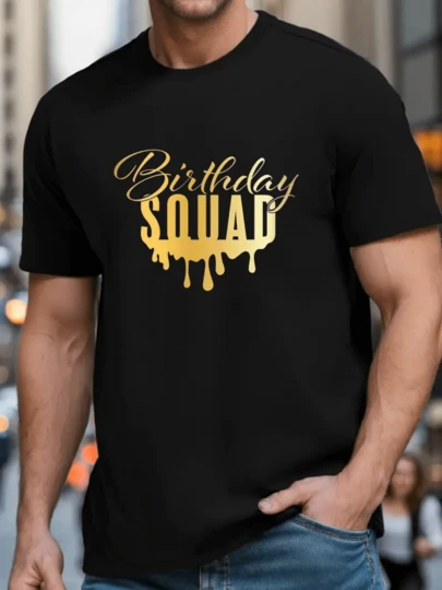 El gráfico muestra la frase Birthday  en letras doradas con efecto de pintura líquida que representa unión alegría celebración y energía positiva para compartir momentos especiales con amigos camiseta de hombre 100% algodón cómoda y moderna para fiestas y uso diario