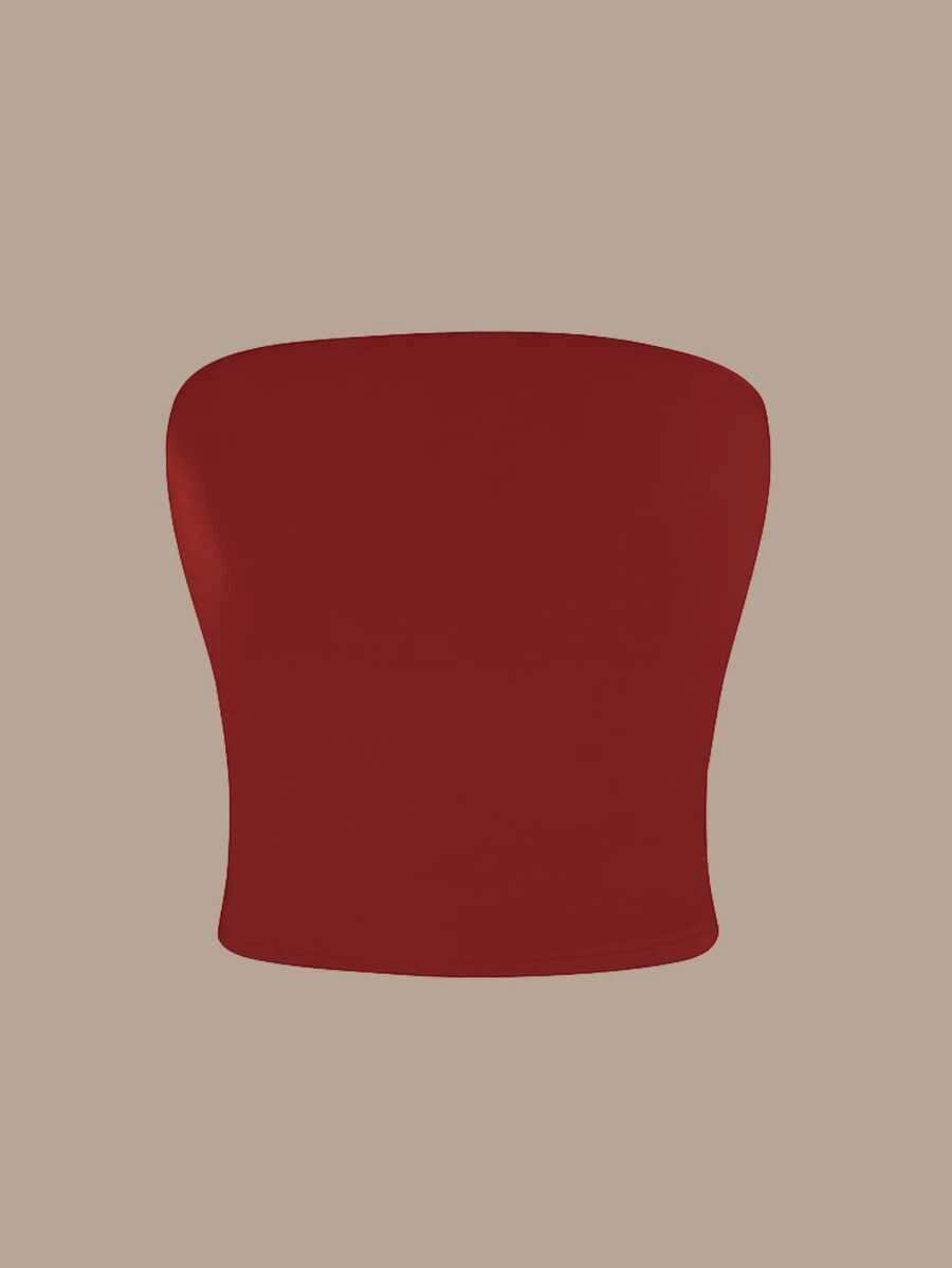 Women's Strapless And Unpadded Basic Tube Cropped Top, Double Layer Of Slim Fit Shaping Spandex - 聖誕紅寶石 - 查看 1