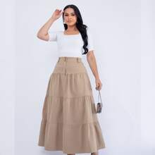 Mavie Long Layered A-Line Twill Skirt With Buttons - 米色 - 查看 9