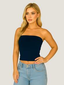 2 Cropped Tube Top For Women, Strapless And Without Padding, Basic, Double Layer Of Spandex, Slim Fit Shaping Top, Strapless - 寶石紅/海軍藍 - 查看 6
