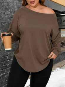 Gym Clothes Women- Plus Size Casual Tunic Off Shoulder Design Long Sleeve Comfort Long Sleeve Tops - cà phê - Xem 4