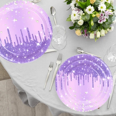 24/40 piezas Conjunto de platos con brillo amatista onírica - Diseño de estrellas y perlas de doble tamaño 7+9 pulgadas, a prueba de aceite y a prueba de fugas, ideal para fiesta de cumpleaños, mesa de postres, compromiso, Día de San Valentín
