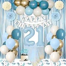 21st Birthday Decorations For Her, Happy 21st Bday Decorations Light Blue White Gold Balloons Happy Birthday Banner Tablecloth Fringe Curtain Cake Topper Men Women 21 Bday Decor Blue - 彩色 - 查看 1
