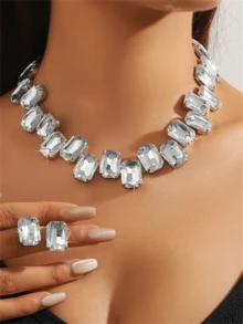 Set de collar y aretes de cristal cuadrado asimétrico, conjunto de joyas elegante y lujoso para vestido de noche de mujer - Plateado - Ver 1