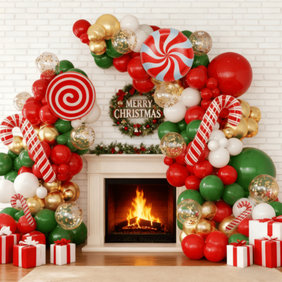 98/114pcs Christmas Balloons Garland Arch Kit, Gold Balloonswith Candy Cane Foil Balloons For Christmas Holiday Candy Theme Birthday Decorations Xmas Supplies