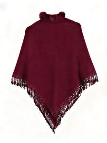 （不含别针）1件装女士春夏仿兔毛绒球蕾丝三角披肩，轻盈透气针织斗篷披肩，通勤百搭，理想的情人节礼物 - 紅色 - 查看 12