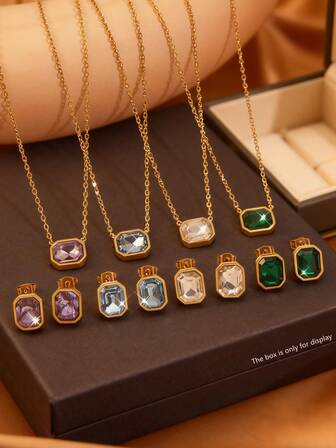 VceTd 1 Set de joyas de acero inoxidable con diseño cuadrado de vidrio incrustado en estilo retro de moda para mujer, adecuado para atuendos de viaje o uso diario, fiestas de vacaciones o como regalo para seres queridos