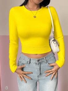 Damen Langarm T-Shirt mit hoher Elastizität und schlanker Passform, rundem Ausschnitt, minimalistischer Stil, geeignet für Frühling, Herbst und Winter, kann für Abendausgang/Urlaub/Alltag/Büro/Zuhause/Straße/Reise/Brunch getragen werden, Lässig/Minimalistisch/Y2K/Elegant/Sexy/Straße/Niedlich/Chic, Herbst/Winter Damenkleidung, Halloween Damenoutfit, Weihnachten Damenoutfit, Lehreroutfit, Oberbekleidung, Date Outfit, Basic Top, Koreanischer Stil - Gelb - Übersicht 3