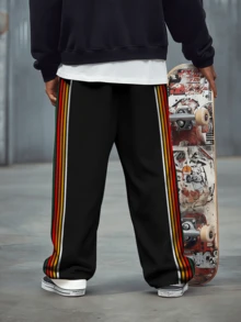 男士直筒休闲彩虹条纹宽松运动裤，时尚街头运动装，秋冬款 - 黑色 - 查看 2
