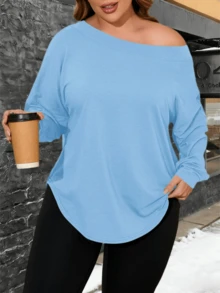 Ropa de gimnasio para mujer - Túnica casual de talla grande con diseño de hombros descubiertos, manga larga, cómoda y de manga larga - Azul - Ver 4