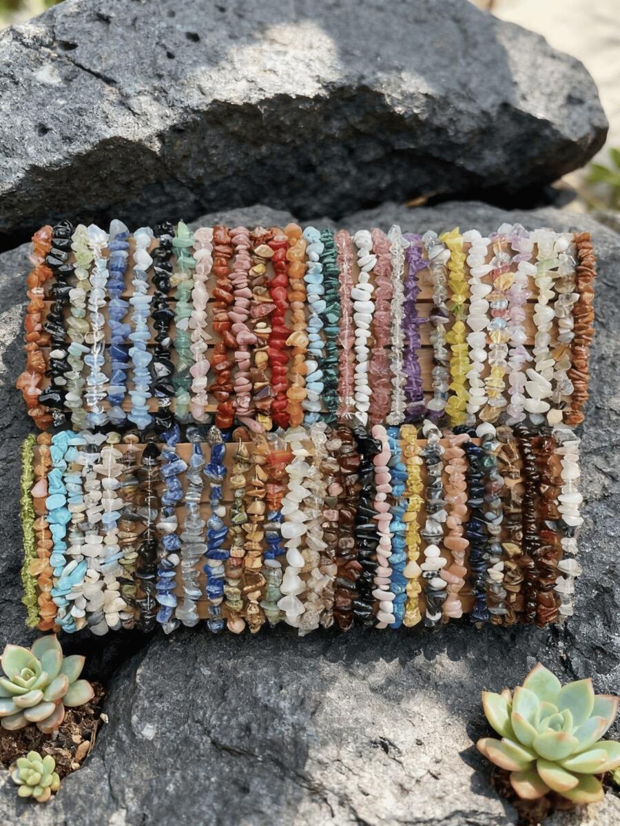1条5-8毫米青少年灵性天然石珠手链，玛瑙/黑曜石/青金石及其他脉轮平衡和能量提升疗愈石，适合青少年日常佩戴，节日礼物，波西米亚风时尚饰品 - 彩色 - 查看 1