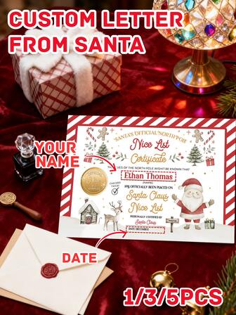 1/3/5 piezas Papel de carta de Navidad personalizado con nombre - Perfecto para escribir cartas a Santa y deseos navideños, papel de carta festivo para tarjetas y saludos familiares de vacaciones, papel con nombre personalizado para notas de regalo de amigos y recuerdos de fiesta, deseos exclusivos para seres queridos en las vacaciones, papel festivo sentimental para transmitir cálidos saludos navideños