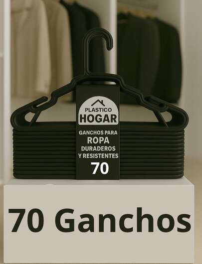 70 ganchos de alta calidad para ropa de adulto, fabricados en plástico resistente, ideales para organización y versatilidad en casa y negocios de moda, todo tipo de ropa y prendas, con forma al hombro
