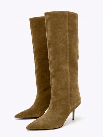 Women's Fashion Boots, 2025 Autumn/Winter New Arrival, Women's Shoes, Suede Pointed Toe Slim High Heel Tall Boots, Fashion Boots, Brown High Heel Boots