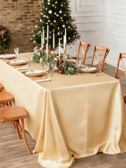 1pc Elegant Champagne Color Tablecloth, Christmas Tablecloth, Rectangular Tablecloth For Wedding Decor, Washable And Reusable, High-Quality Polyester Satin Texture, Suitable For Christmas, Wedding, Birthday, Restaurant, Family Gathering, Outdoor Party Table Cover, Table Decor And Party Tablecloth