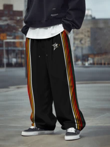 男士直筒休闲彩虹条纹宽松运动裤，时尚街头运动装，秋冬款 - 黑色 - 查看 1