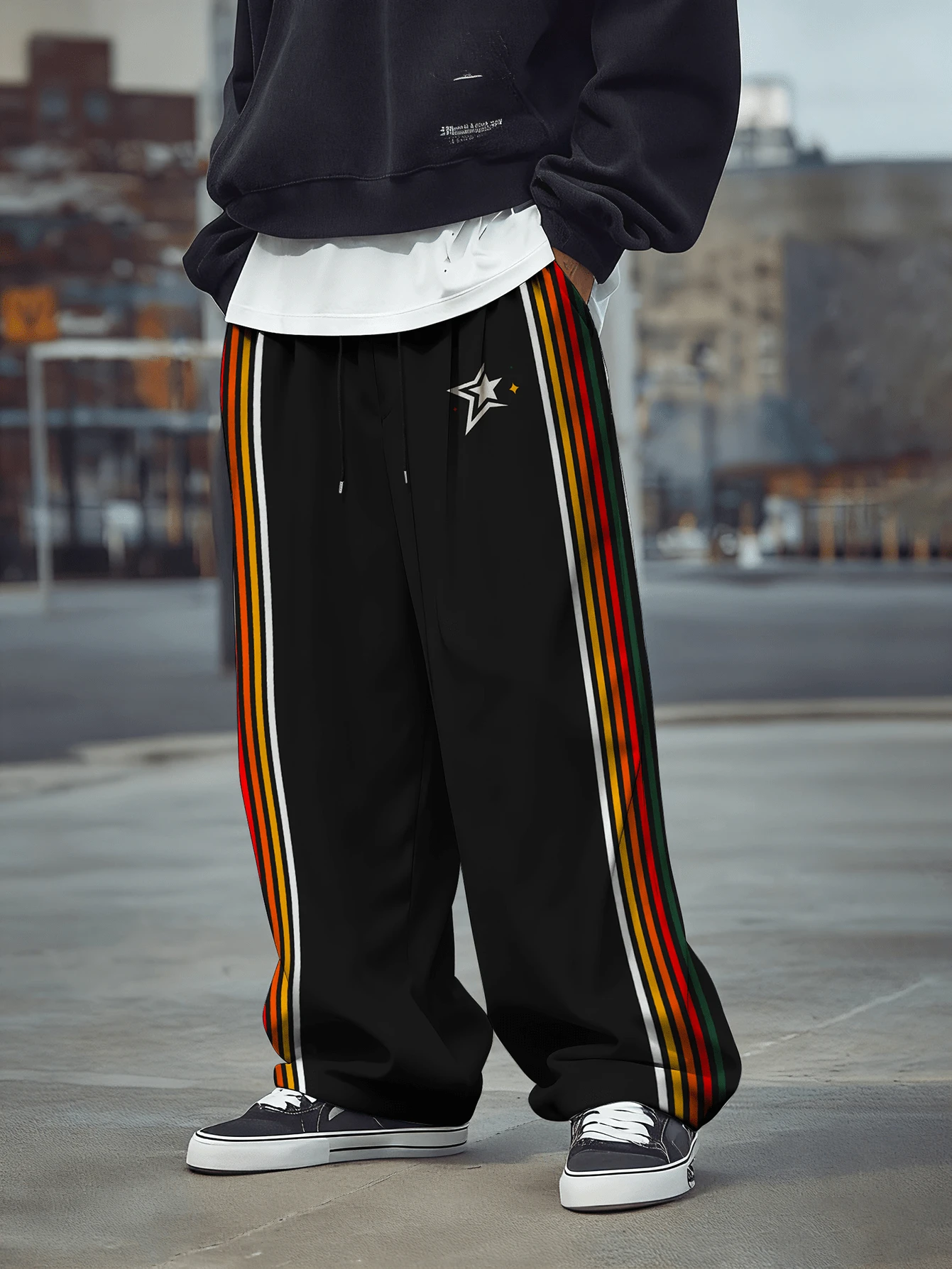男士直筒休闲彩虹条纹宽松运动裤，时尚街头运动装，秋冬款 - 黑色 - 查看 1