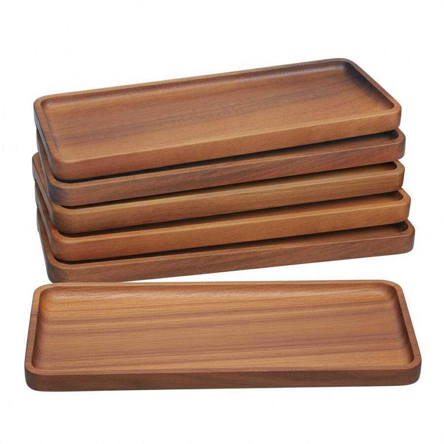 6-Pack 12" Natural Acacia Wood Rectangular Charcuterie Board Set, Modern Wooden Serving Trays For Cheese, Desserts & Appetizers - 棕色 - 查看 1
