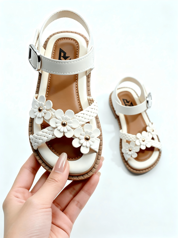 2025年热销限时折扣，完美节日礼物（圣诞节/新年）女童凉鞋，INS韩版公主风可爱平底鞋，适合3-12岁女孩，优质合成革，3D立体花卉装饰，踝带设计，防滑软底，穿着舒适，深受孩子喜爱，妈妈们的放心之选，适合室内外穿着。