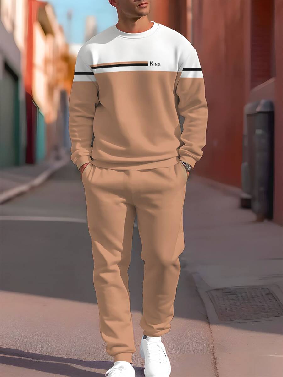 男士拼色印花圆领运动服套装，时尚简约运动衫套装，适合春秋季户外、约会、健身、跑步、休闲穿着