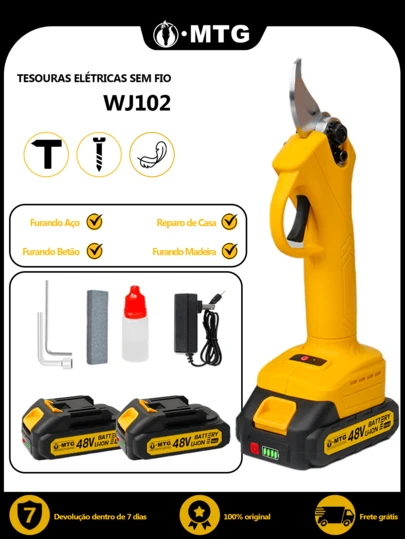 Tesoura de poda elétrica sem fio de 48 V com alicate de corte, inclui 2 baterias recarregáveis, empunhadura confortável e operação silenciosa
