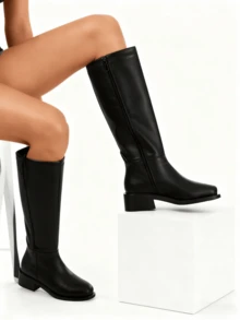 Women's Knee High Boots Round Toe Flat Wide Calf Long Boots Riding Boots Knight Boots Side Zipper Suitable For Outdoor Commuting Office - 黑色 - 查看 4